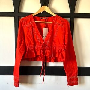 ZARA Long Sleeve Crop Top Ruffle Hem Blouse w/Lace Detail & Whimsical Bow Tie